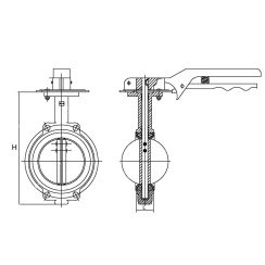 Wafer type butterfly valve with steel body and stainless steel disk and EPDM seat, DN100, PN16. PA300 series handle